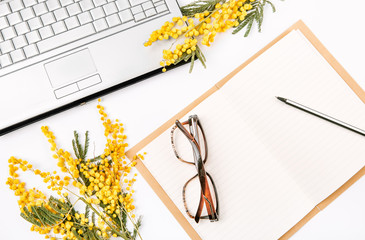 spring festive work set with flowers mimosa leptop