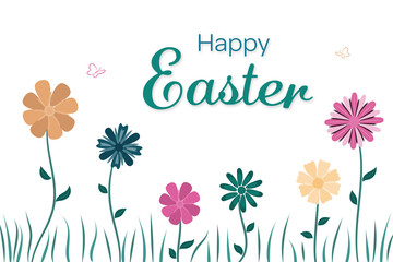 Happy Easter. Field of flowers in trendy colors with text : Happy Easter