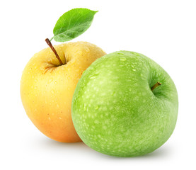 Isolated wet apples. Green and yellow apple fruits isolated on white background with clipping path