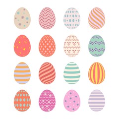 Happy Easter. Set of Easter eggs with different texture on a white background. Spring holiday. Flat isolated vector illustration on a white background.