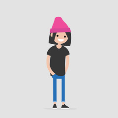 Young female friendly character standing with hands in pockets. Flat editable vector illustration, clip art