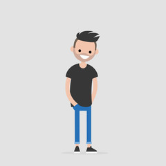 Young friendly character standing with hands in pockets. Flat editable vector illustration, clip art