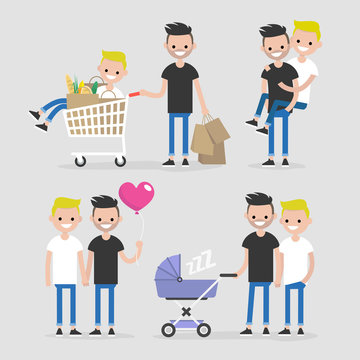 Gay couple, lifestyle set. Homosexual relationships. Dating and daily life. Flat editable vector illustration, clip art