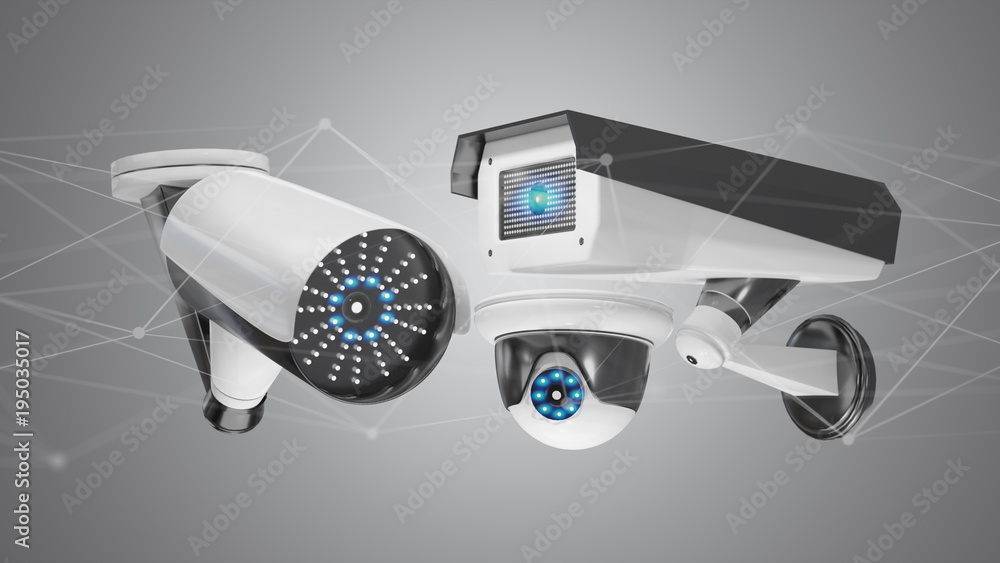 Poster security camera system and network connection - 3d rendering