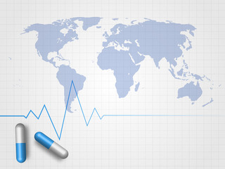 Medicines and heartbeat line on world map and grid background represent medical concept and global connection. Technology Background. Vector Illustration.