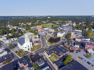 Fototapeta premium Woburn First Congregational Church aerial view in downtown Woburn, Massachusetts, USA.