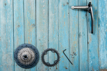 Bicycle parts on the table, beautiful bicycle texture