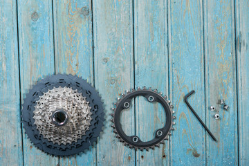 Bicycle parts on the table, beautiful bicycle texture