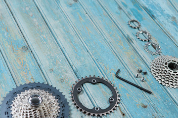 Bicycle parts on the table, beautiful bicycle texture