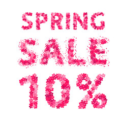 Spring sale banner. 10% discount sign. Numbers and letters made of flowers. Easy to edit vector design template.