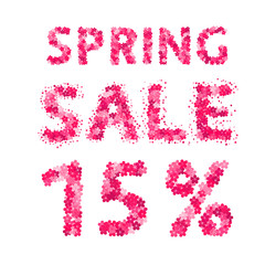 Spring sale banner. 15% discount sign. Numbers and letters made of flowers. Easy to edit vector design template.