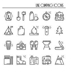 Hiking and Camping Line Icons Set. Outdoor Camp Sign and Symbol. Backpacking Adventure.