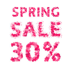 Spring sale banner. 30% discount sign. Numbers and letters made of flowers. Easy to edit vector design template.