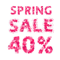 Spring sale banner. 40% discount sign. Numbers and letters made of flowers. Easy to edit vector design template.