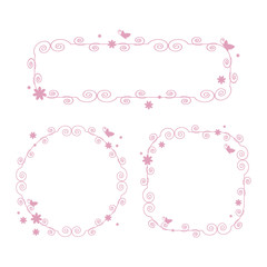pink vector girly cute frame with curls of butterflies flowers isolated on white background