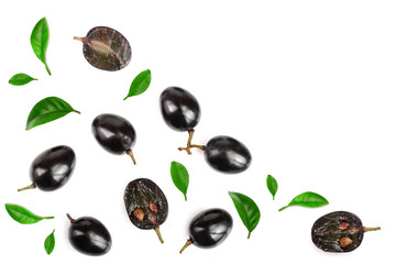 Dark grapes isolated on white background, top view with copy space for your text. Flat lay