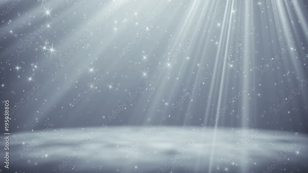 Poster silver particles and stars flying in light beams. computer generated loopable abstract motion backgr