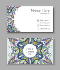 Creative template for designer, photographer or studio. Vector editable pattern with front and back side visit cards. Busines card vith mandala arabesque design doodle and brightful colorful warm
