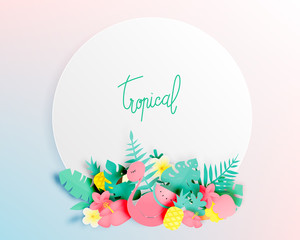 Troical floral with flamingo in paper art style and pastel color scheme