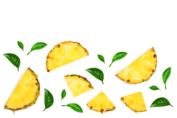 Naklejka premium Sliced pineapple with green leaves isolated on white background with copy space for your text. Top view