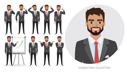 Set of emotions and poses for business man. Male in a cartoon style experiences different emotions
