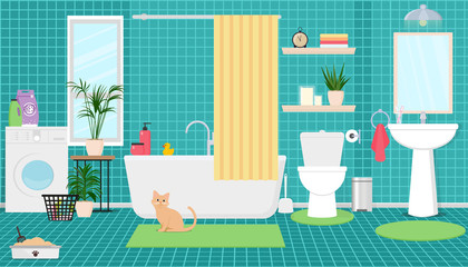 Interior of the bathroom with shower, washing machine, toilet and sink. Vector flat illustration.
