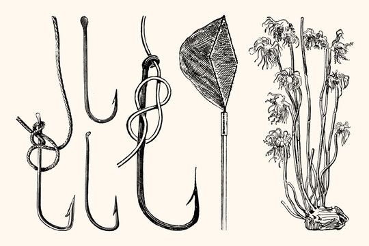 Vintage Nautical Fishing Hook and Net Vector Illustration Set Stock Vector
