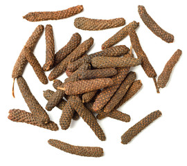 dried long pepper, piper longum isolated on white, top view - obrazy, fototapety, plakaty