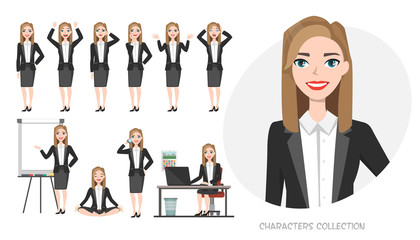 Set of emotions and poses for business woman.Young girl in office suit experiences different emotions and poses