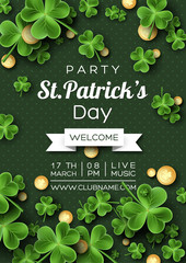 Fototapeta St. Patrick's Day party poster. Clover leaves with coins on green background for greeting holiday design, invitation template. Vector illustration. obraz