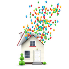Realistic house with colorful balloons, vector.