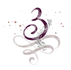 Calligraphic number three 3 vintage isolated on white background. Watercolor Decor flourish for decoration on a holiday, wedding, birthday