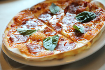 Hot Pepperoni Pizza in dish , Italian food