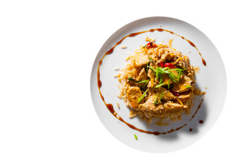 Chicken Breast with Rice in plate isolated on white background. with copy space. top view