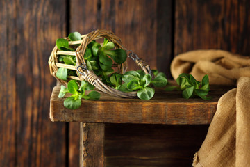 свежий салат корн в плетеной корзине на скамейке