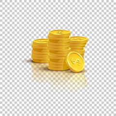 Golden stack of coins with mirror reflection isolated on transparent background. Vector illustration.



