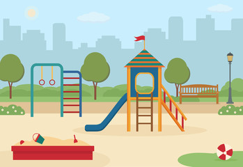 Children's playground in the city park with toys, a slide, a sandpit. Vector illustration. 
