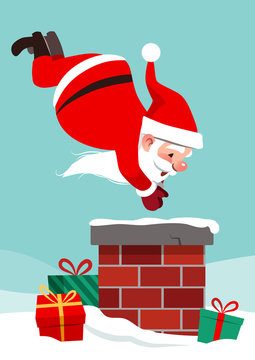 Vector cartoon character illustration of Santa Claus on roof in mid air, diving into chimney, with boxed gifts lying around in snow. Funny humorous Christmas holiday design element in flat style.