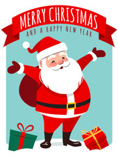 Vector cartoon illustration of cute smiling Santa Claus standing with gift sack on back, gift boxes around, red ribbon banner with text "Merry Christmas and a happy new year". Holiday greeting card.