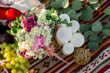 Close-up flowers and candles. Flower decoration