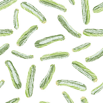 Green zucchini. Scratched seamless pattern. Bountiful harvest texture. Garden background. Organic vegan food. Summer vegetables. Healthy lifestyle.
