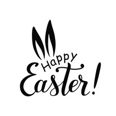 Modern hand drawn calligraphy lettering of Happy easter in black isolated on white background decorated with ears of hare for decoration, poster, greeting card, postcard, sticker