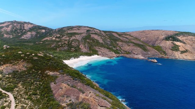 Aerial view of picturesque coastline of Hellfire Bay, paradise beach with white sand and crystal clear waters of Southern Ocean - Cape Le Grand, Esperance, Western Australia from above, 4k UHD