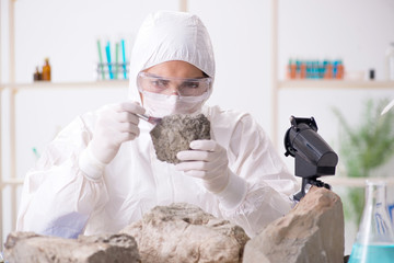 Scientist looking and stone samples in lab