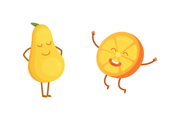 Set of cute cartoon fruit. Vector illustration with funny characters. Funny fresh food time.