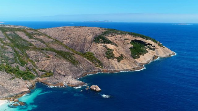 Aerial view of picturesque coastline of Hellfire Bay, paradise beach with white sand and crystal clear waters of Southern Ocean - Cape Le Grand, Esperance, Western Australia from above, 4k UHD