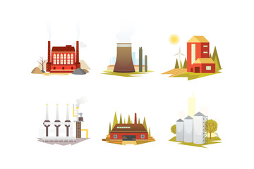 Fototapeta premium Different industrial factory buildings and plants. Industrial city construction set vector illustrations