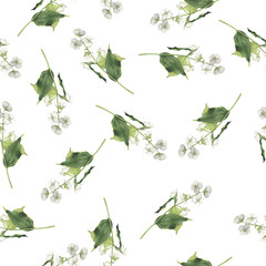 Seamless pattern with white flower branch and green leaves on white background. Hand drawn watercolor illustration.