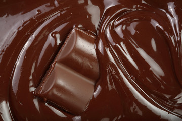 Melted chocolate and pieces of chocolate bar as a background closeup