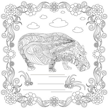 Zen tangle hippo in flower frame monochrome sketch, coloring page antistress stock vector illustration for print, for coloring page